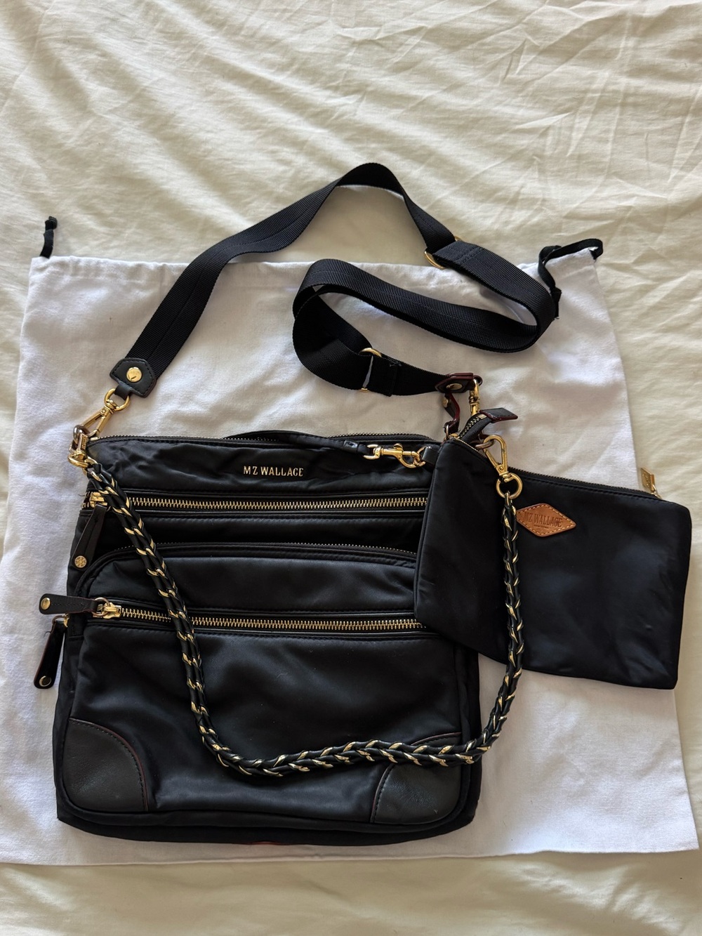 MZ Wallace Black Nylon Crossbody with Gold-Tone Hardware and Wristlet